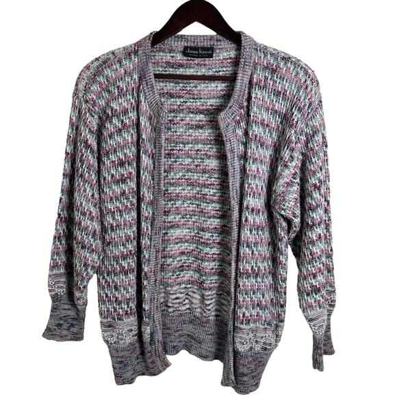 Vintage 80s James Kenrob Knitted Cardigan Small Pink Green Cozycore Grandmacore - Picture 1 of 7
